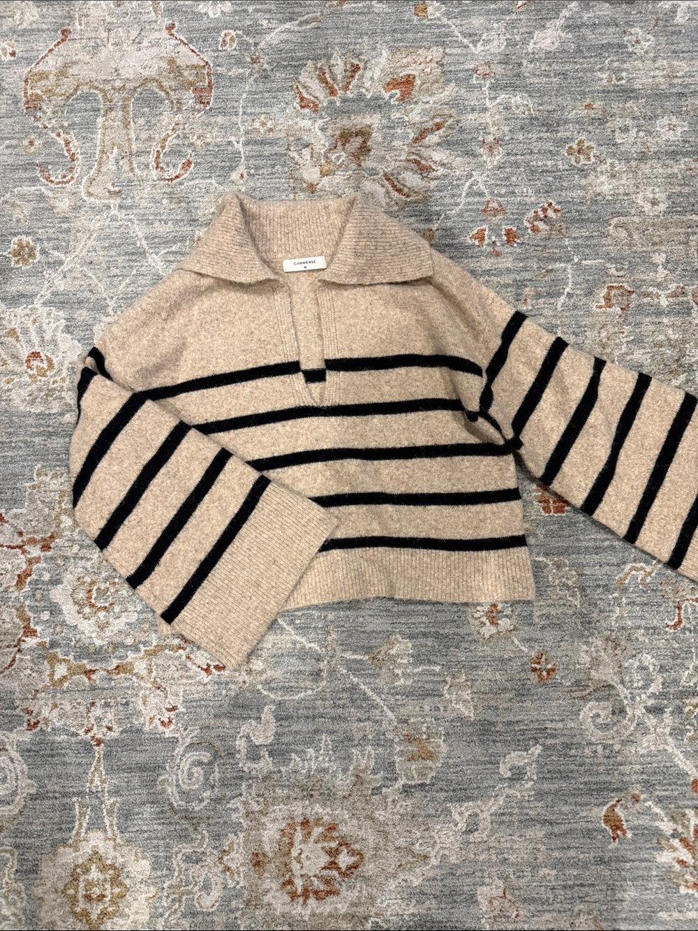 Commense Beige & Black Striped Cowl-Neck Pullover